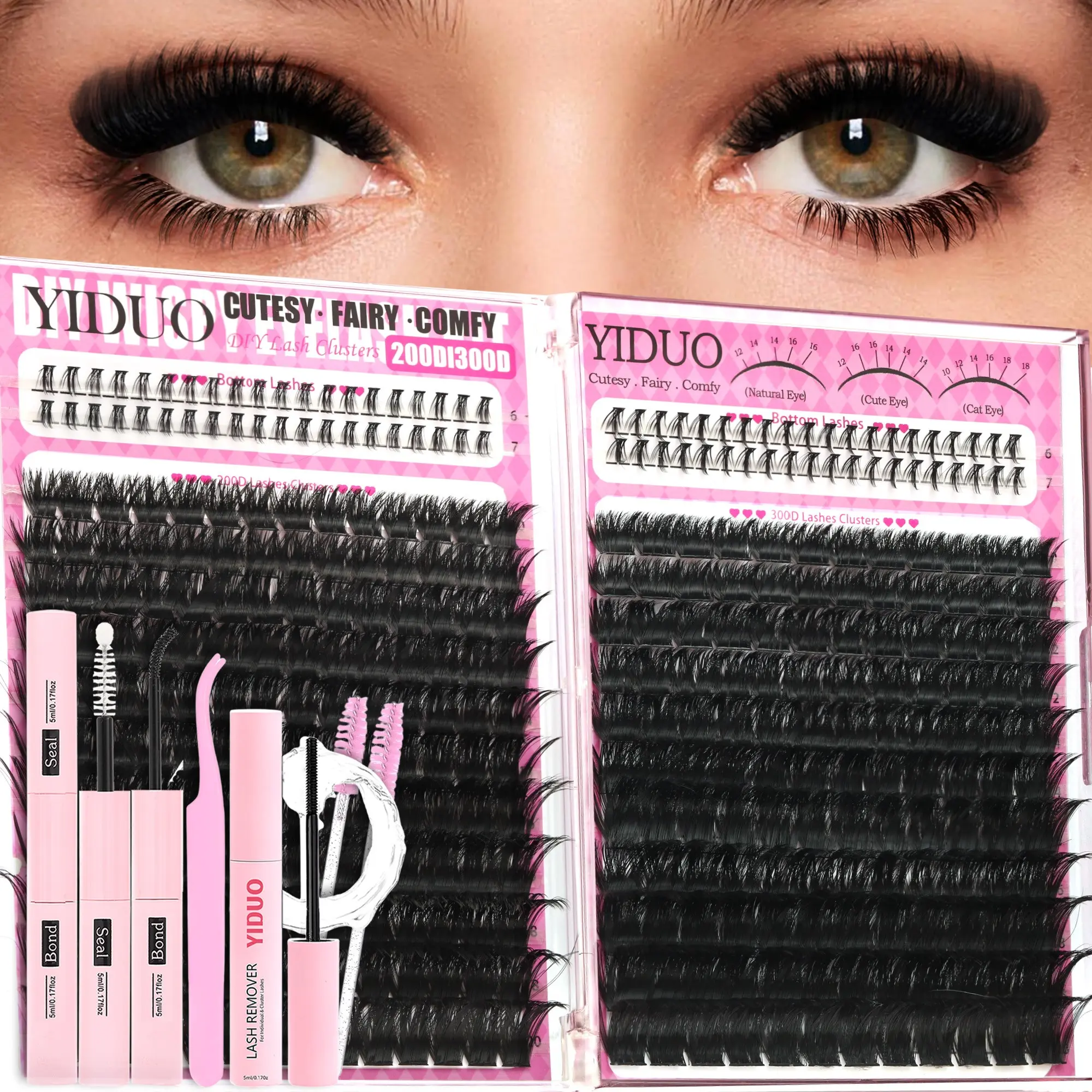 Eyelash Clusters Kit | 3 Styles: 200D, 300D & Bottom Lashes | DIY Eyelash Extensions | 6–20mm D-Curvature Individual Lash Extension Kit With Lash Bond and Seal, Remover, Tweezers & Eyelash Brush | Easy DIY at Home