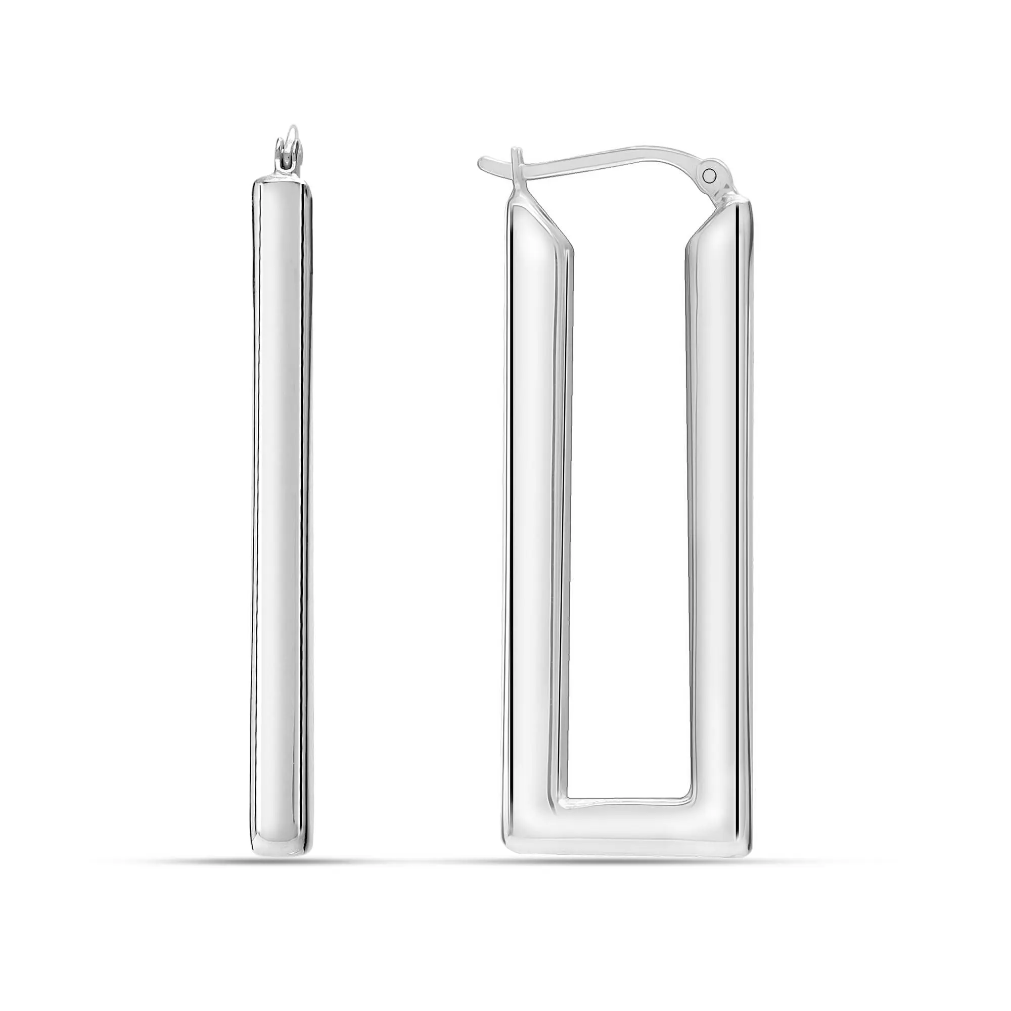 LeCalla Women's 925 Sterling Silver Chunky Rectangle Hoop Earrings, 45MM Large Classic Handmade Click-Top Silver Earrings