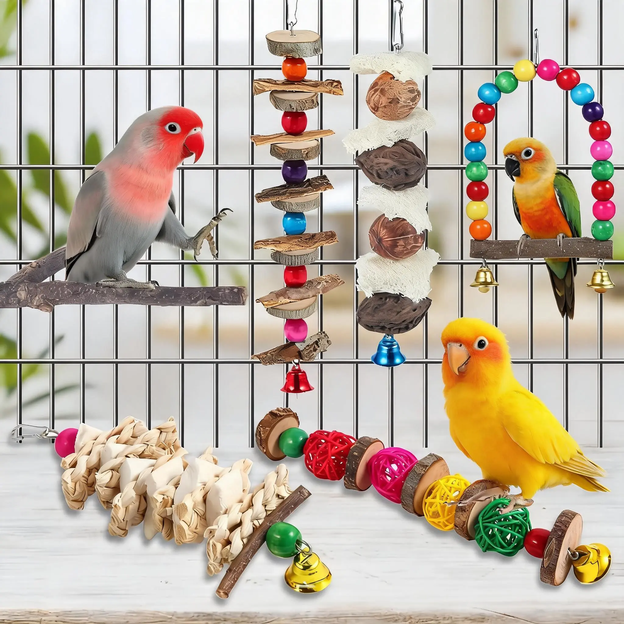 Colorful Parrot Cage Hanging Toys & Perch Kit - 6 Pack Bird Supplies Including Chew Toys, Bells & Cuttlebone - Interactive Training & Exercise Toys for Cockatiels, Conures, Parakeets, and Lovebirds - Durable & Safe Bird Accessories for Daily Fun