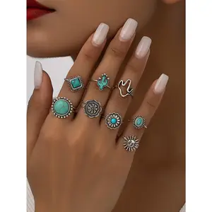 8 Pcs Western Turquoise Jewelry Cactus Sunburst Detail Rings Set for Women