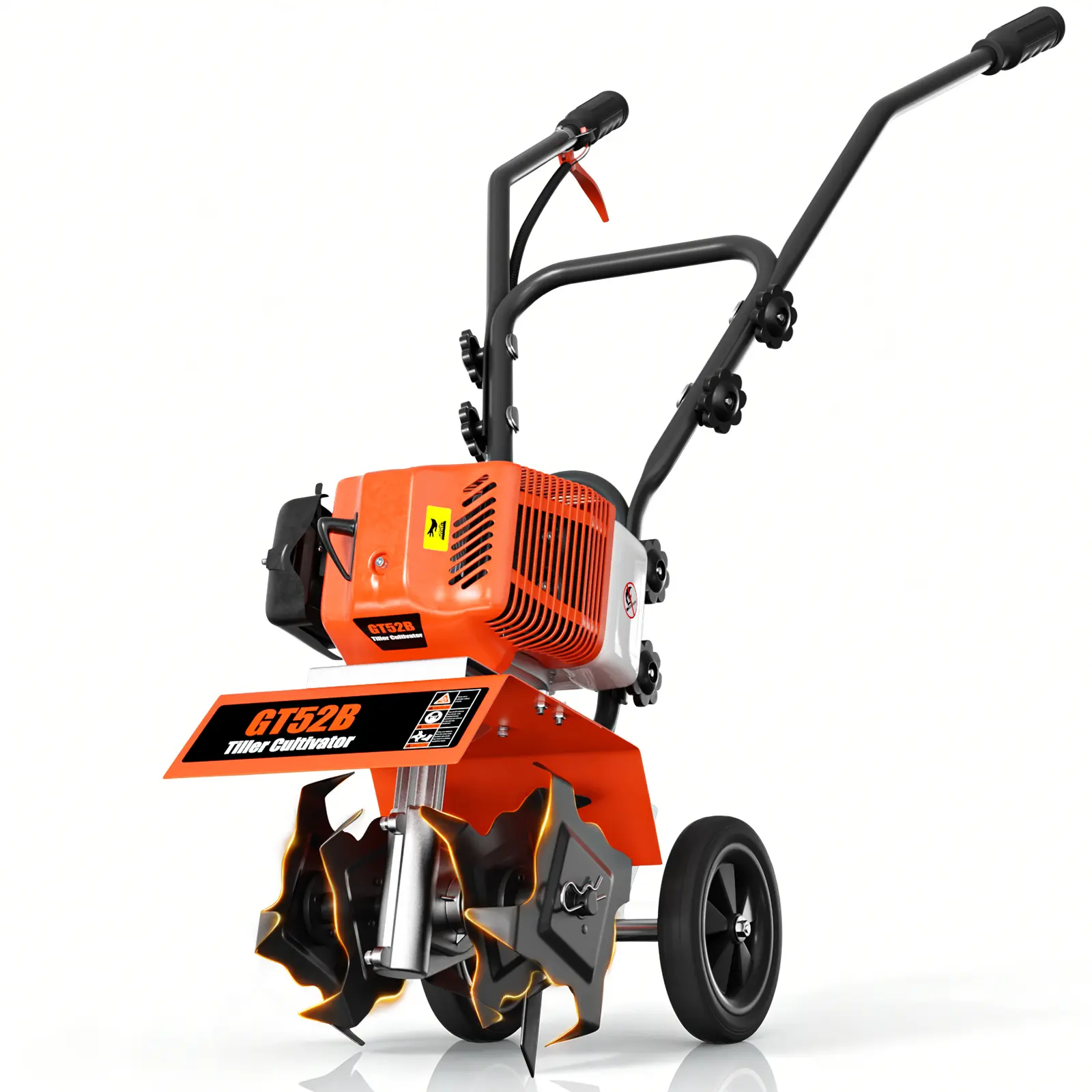 72CC Gas Tiller Cultivator,2 Stroke Gasoline Powered Rototiller,1.5KW 8500RPM,12in Working Width 7in Working Depth, Heavy Duty Garden Tiller for Lawn Yard Soil Cultivation (Orange)