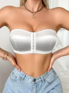 1 Piece Front Buckle Strapless Backless Bra, Medium Support Unlined Lingerie, Fitted Plain Design for All Seasons, Casual Style, Womenswear