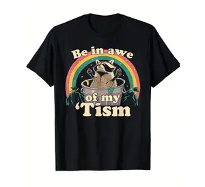 Black Graphic Tee with Autism Meme Featuring Raccoon and Retro Rainbow Design
