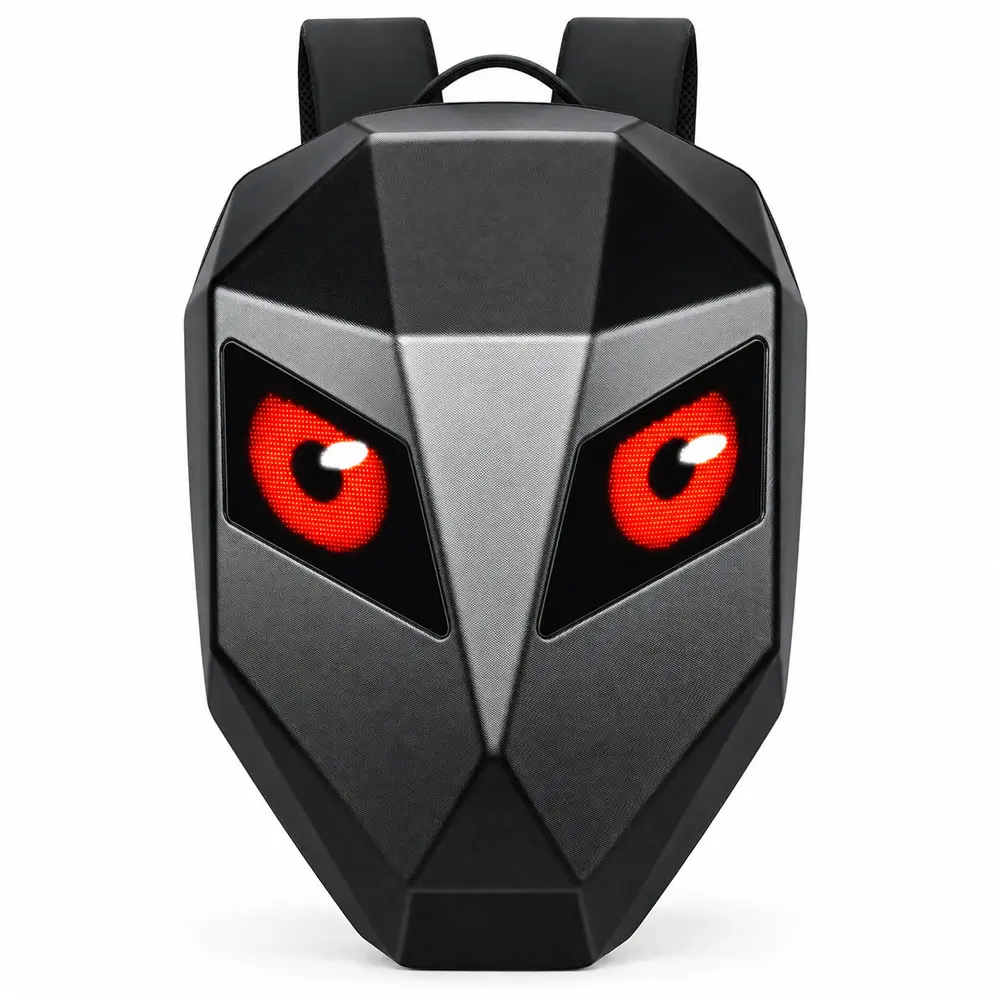 19" LED Motorcycle Backpack - App-Controlled Programmable Screen, Black PVC/ABS Hard Shell, Water-Resistant Cyberpunk Tech Bag with Mesh, Buckle, Laptop-Fitting Design for Cycling & Commuting (with Accessories), Fits Laptops, Adjustable Strap, Adults, Aer