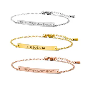 Personalized Name Engraved Bar Bracelet for Women/Men – PVD Plated Stainless Steel – Custom ID Tag – Adjustable Chain – Double Side Engraving – Gift for Birthday, Anniversary