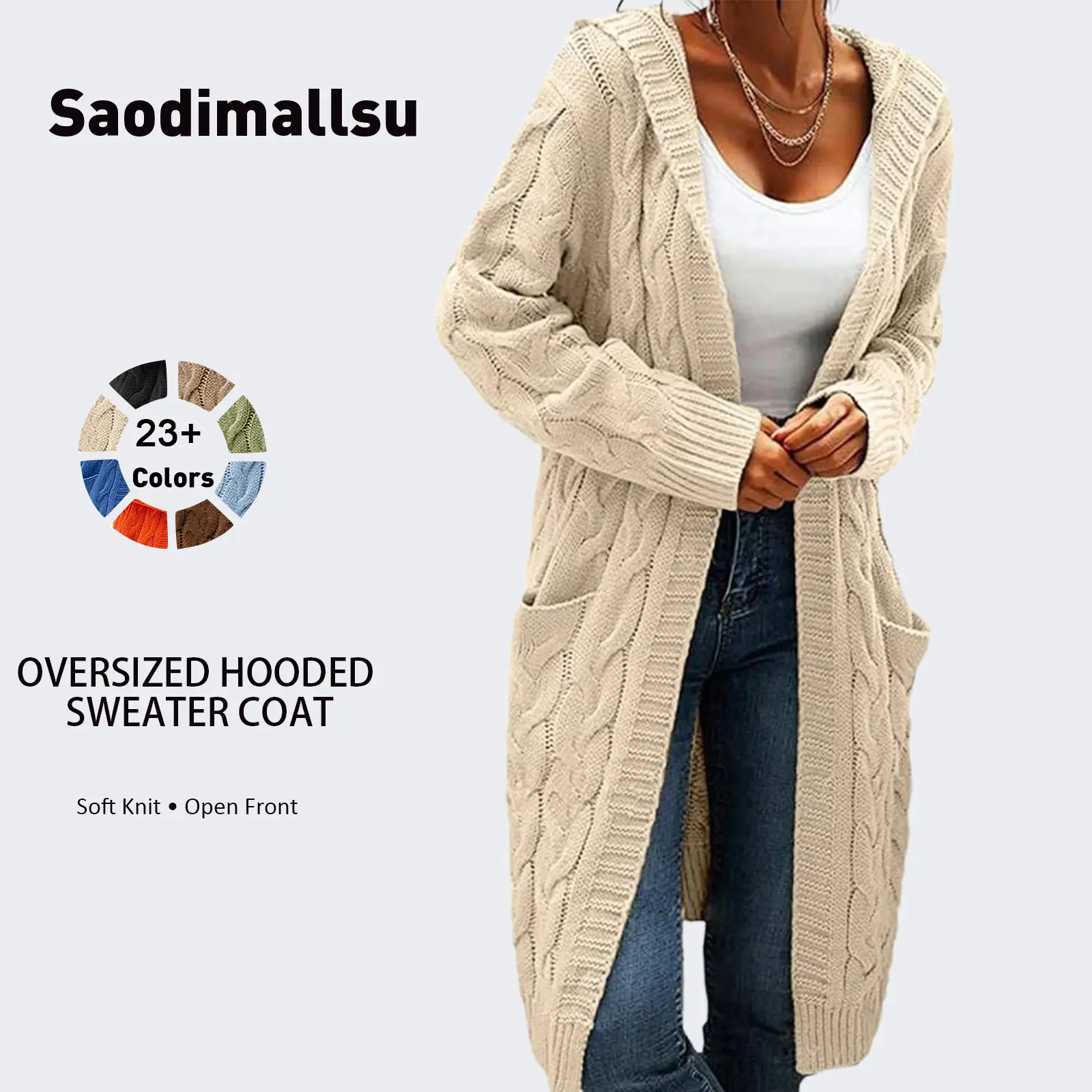 Saodimallsu Women's Cardigan, Oversize Chunky Cable-Knit Hooded Sweater Coat, Elegant Knitwear with Excellent Stretch, Baggy, Lo, Work, Casual, Acrylic, Long Sleeve, Oversized, Lady, Knitting, Tops, Sweaters