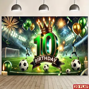 2D Flat Banner, 1pc Soccer-Themed 10th Birthday Party Backdrop - Vibrant Polyester Fabric with "Happy Birthday" Banner, Football Field Design, Lightweight Under 75gm², Perfect for Indoor Decor, Live Streaming &