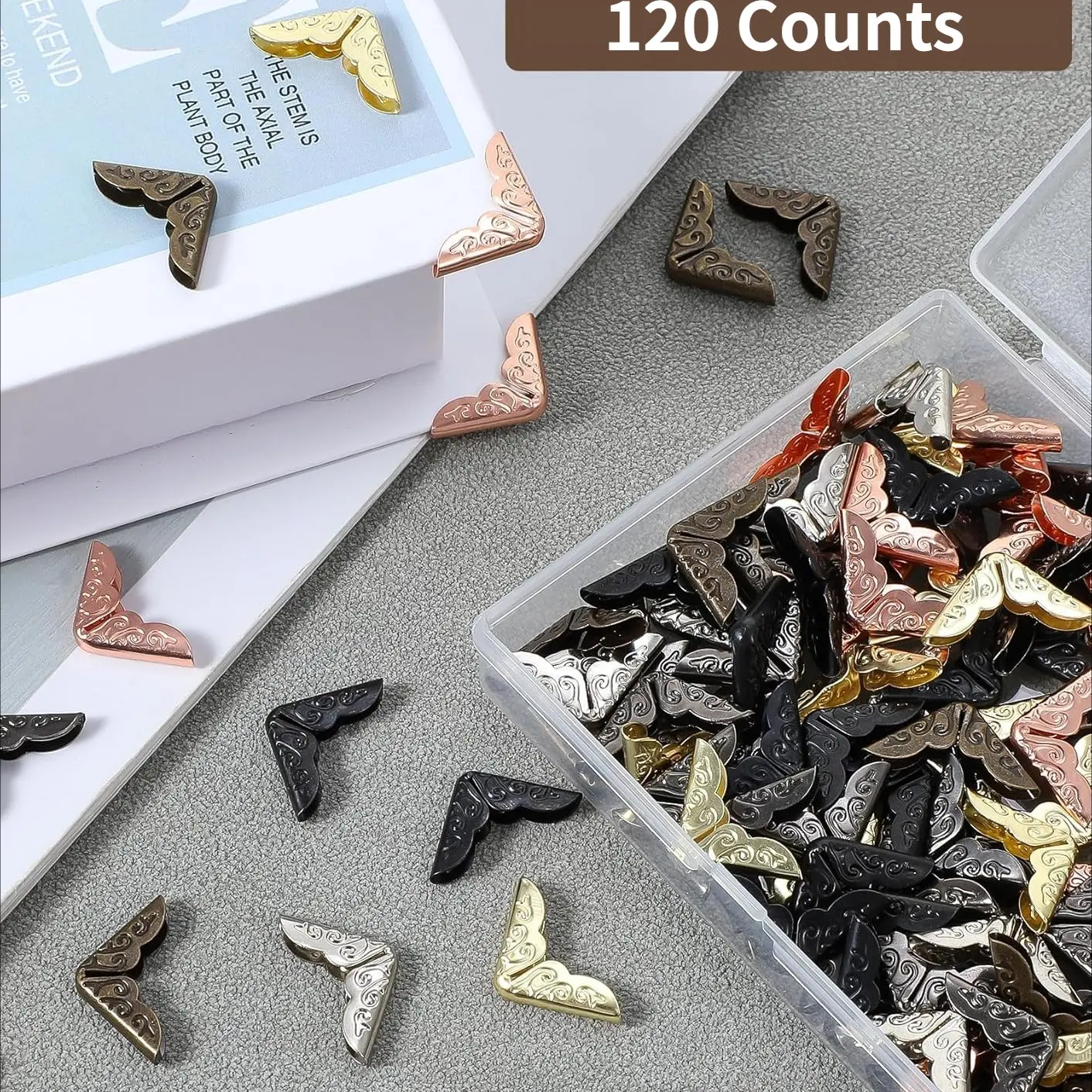 120 Counts Vintage Metal Book Corner Protectors Pack – Antique Brass Decorative Design, Aesthetic Appeal, Reinforcing Corners & Protection for Journals, Albums & Hardcover Books