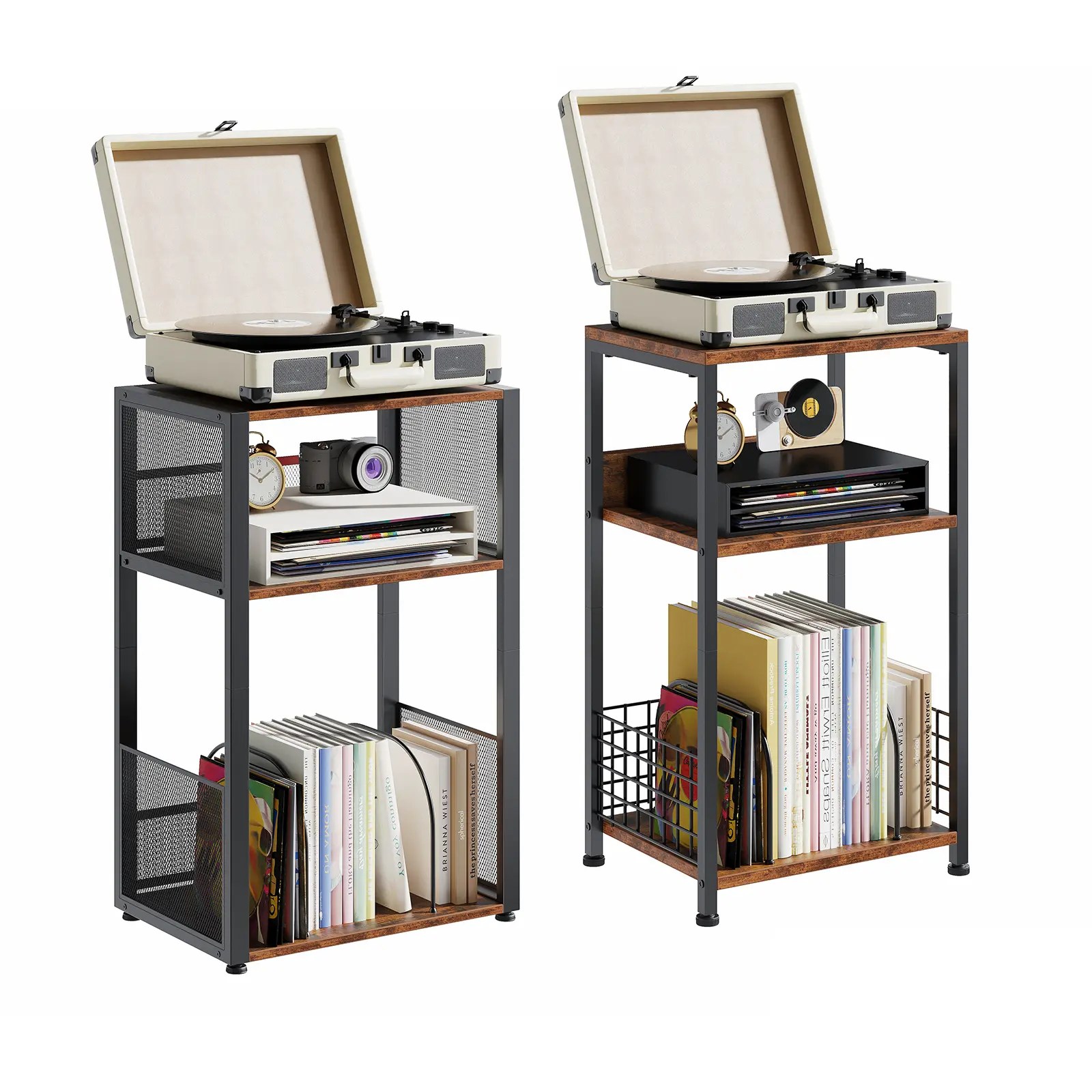 Sweetcrispy 3 Tier Side Table, Record Player Stand with Storage Up to 100 Albums, Turntable Stand for Vinyl, Records Shelf for Living Room Bedroom