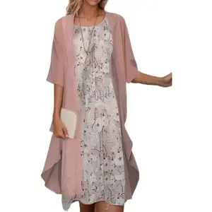 Women's Flowy Two Piece Sets Wedding Guest Cocktail Formal Dress with Chiffon Jacket Casual Boho Floral Midi Dress