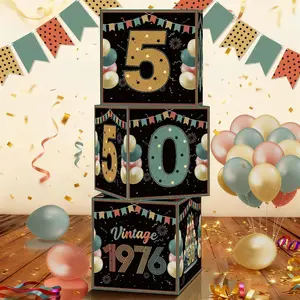 Aodaer 3 Pieces Vintage 1976 Birthday Decorations Boxes with 2 Banners 50th Retro Birthday Balloons Boxes 10.6 x 10.6 Inch Cardboard Box for 50th Birthdays Photo Backdrop Party Supplies