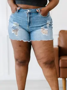 Plus Size Women's Light Blue Fashion Stretchy Comfortable Ripped Denim Mid-Rise Fit Pockets Shorts, Casual Summer for Outdoor Wear