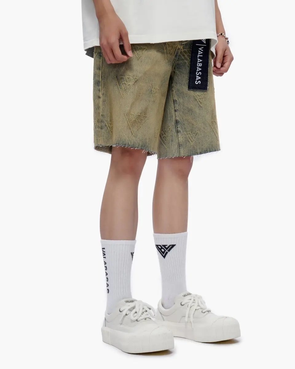Men's Baggy Oversized Denim Shorts - Menswear Retro Style, Engraved Valabasas Vintage Wash, Raw Hem, True Size Aged Look, Everyday Streetwear for Warmer Outfits