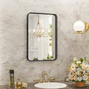 Rounded Rectangle Mirror Black Metal Framed Bathroom Vanity Mirror for Restroom Farmhouse Anti-Rust Tempered Glass Horizontally or Vertically Hanging
