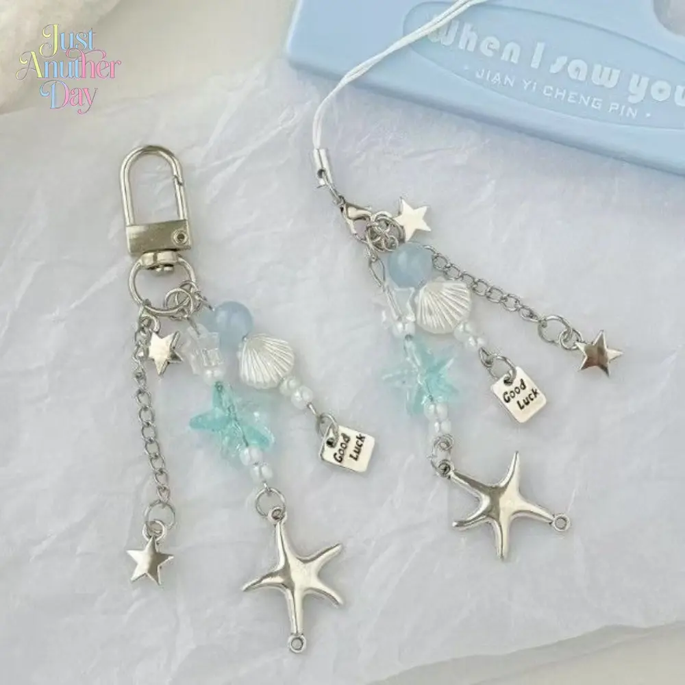 Ocean Style Starfish & Shell Phone Charm, Sweet Blue Beaded Keychain, Fashionable Bag Accessory for Women