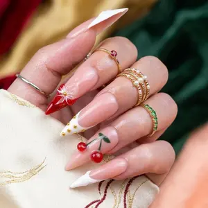 Holiday Deals 10Pcs Premium Handmade Stiletto Press On Nails Laser Sparkle Cherry Details No Damage Sparkle For Brunch, Shine At Parties easter summer