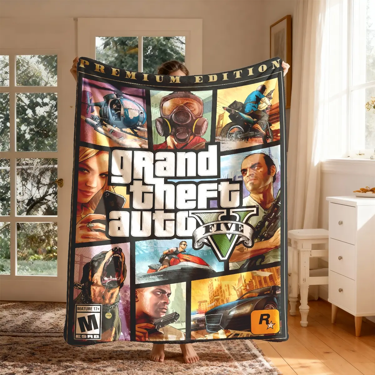 Gta5 Game Patchwork Flannel Blanket, Large Size, Soft Lightweight Warm, Perfect for Bed Sofa Office Camping Travel, Christmas Gift