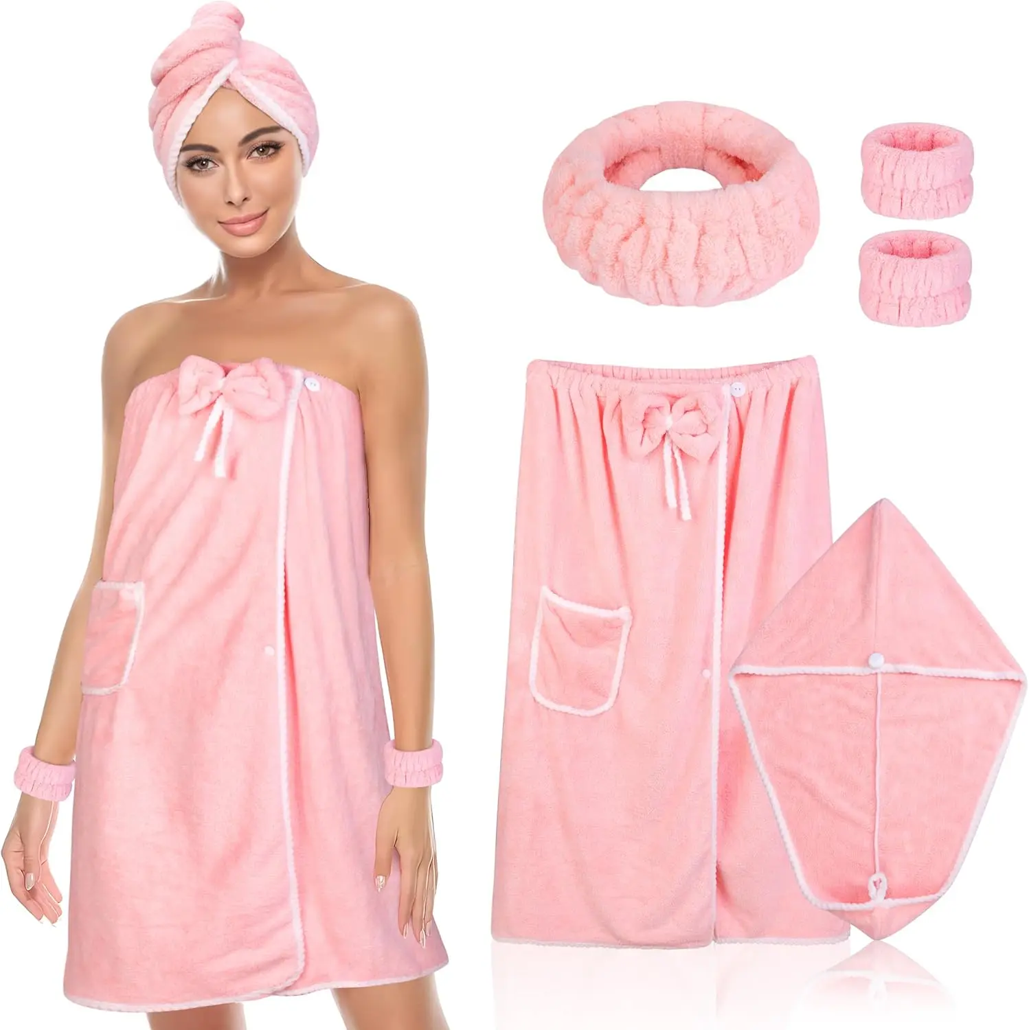 Women's Hooded Towel Wrap Set, Adjustable Closure Bathrobe with Hair Drying Towel & Spa Wraps