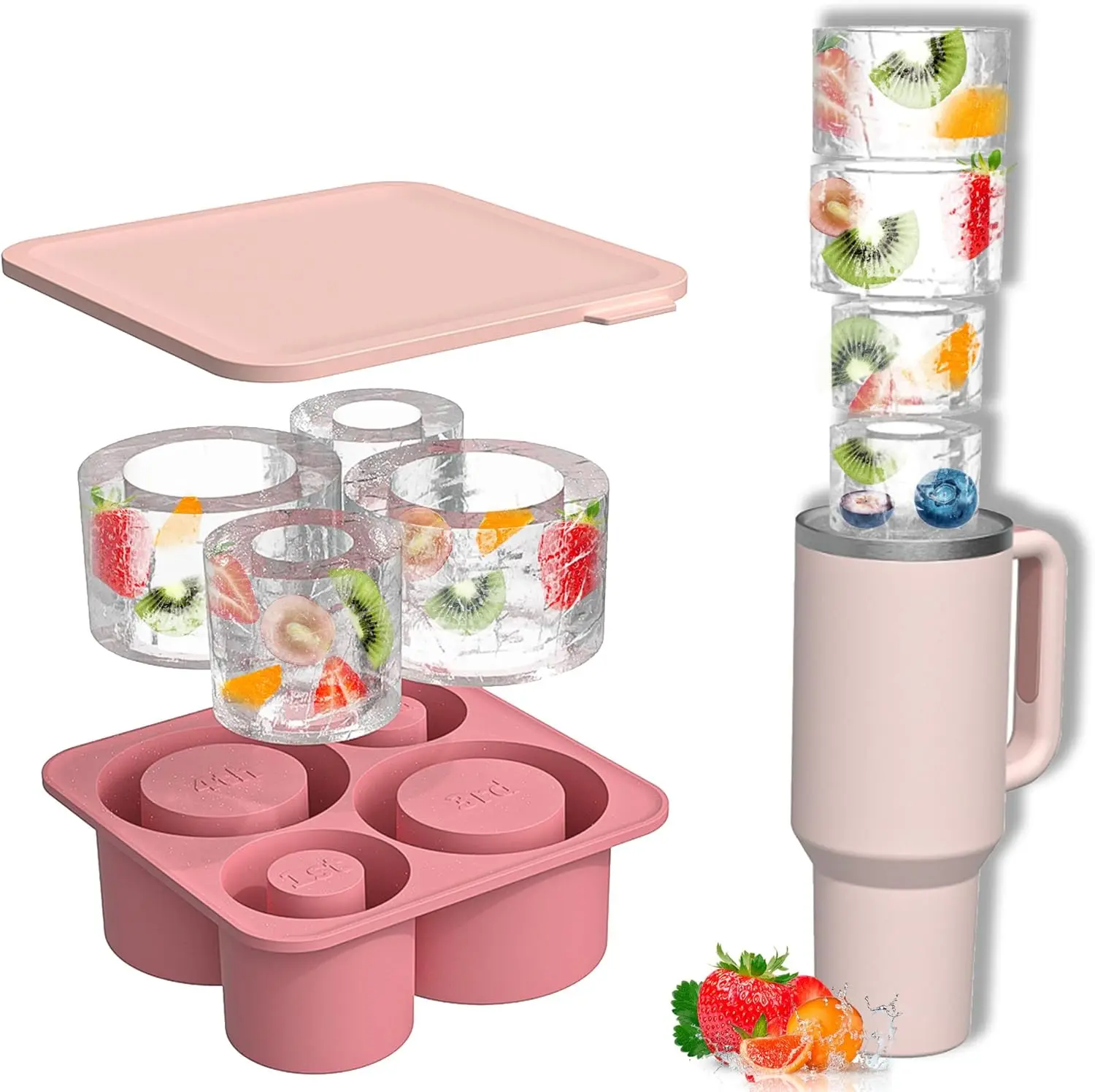 Kitchen 4-in-1 Silicone Ice Cube Tray - Multi-Size Mold for Drinks - Easy-Release, No-Spill Design - Longer Cold Retention - BPA-Free, Durable - Pink Ice Cream Mould