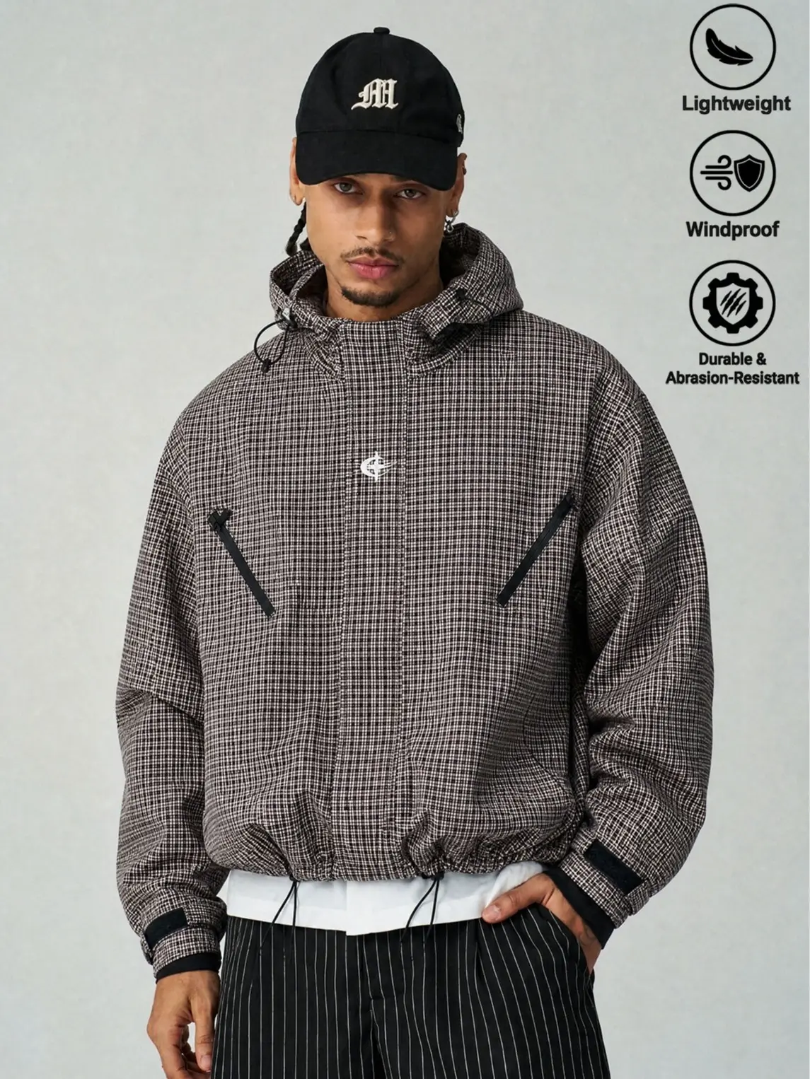 Men's Micro Grid Plaid Anorak Jacket, Lightweight Hooded Windproof Streetwear Top with a Loose Cropped Fit for Casual Spring Wear, Menswear, Stylish, Tops, Diagonal Zip