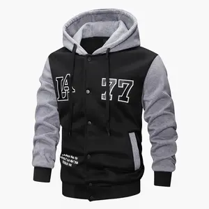 Men's polyester hooded jackets, spring & autumn outdoor sports printed sweatshirts, buttoned cardigan color-block coats �C trendy casual men's clothing.
