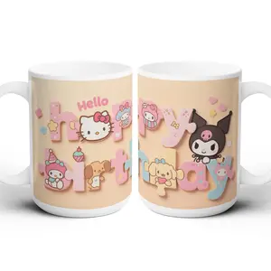 Sanrio Kawaii Birthday Mugs 15oz Gift Set with Hello Kitty & Friends Design Perfect for Celebrations Featuring Adorable Characters
