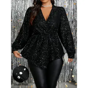 Elegant V-Neck Slim-Fit Blouse, Sparkly Sequin Patchwork Design, Comfortable Versatile Top for Daily Wear & Parties