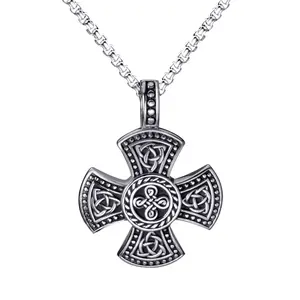 ELFASIO Celtic Knot Trinity Knot Triquetra Magic Cross Pendant Necklace Men's Stainless Steel Box Chain