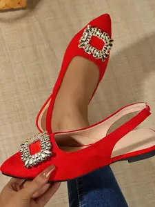 New Women's Rhinestone Buckle Pointed Toe Slingback Flats, Elegant Low Heel Shoes for Casual and Special Occasions, Comfortable Textile Upper