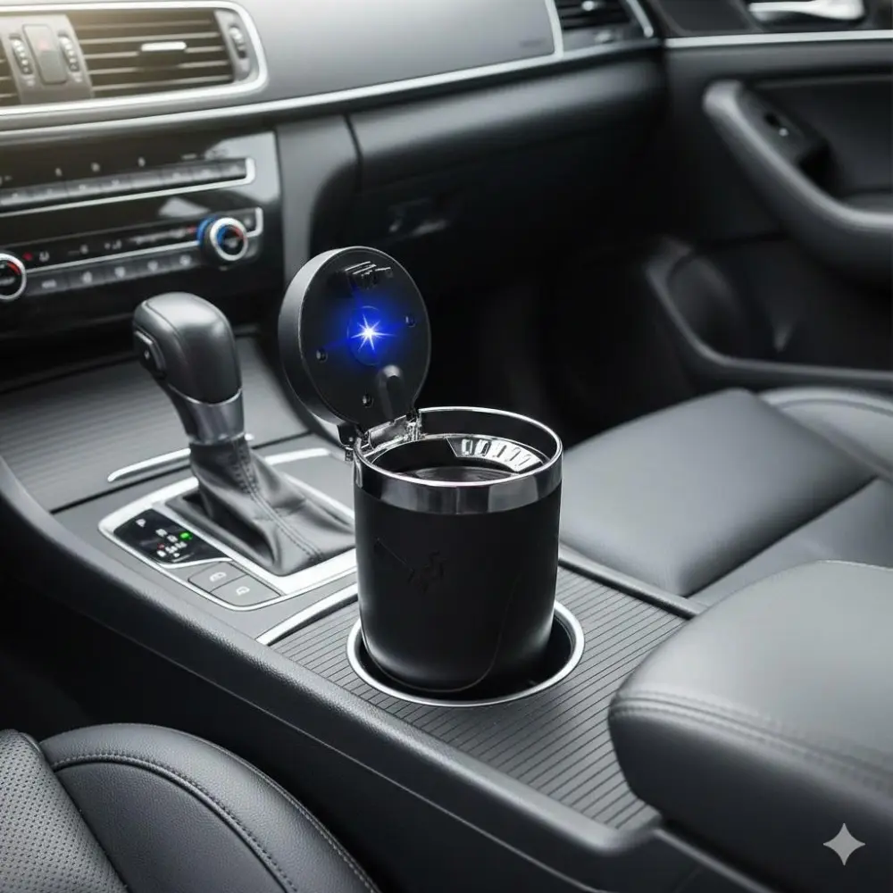 LED Atmosphere Lighter Tray with Anti-Spill Design, Stainless Steel Liner & Non-Slip Base. Easy Clean Car Ashtray, Durable Universal Fit for Car SUV Auto. Practical Smoking Accessory with Decorative Light. Single Pack Vehicle Decor, Car Accessories.