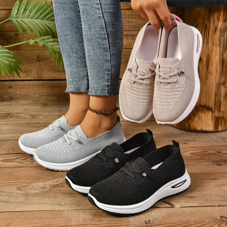 Women's Casual Knit Mesh Slip-On Sneakers, Stylish Wide Fit Walking Shoes with a Supportive Arch and Non-Slip Rubber Sole, Rubber Slip Ons
