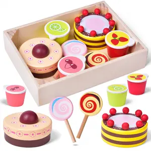 8PCS Wooden Dessert Toys with Tray Pretend Play Set for Kids Kitchen Accessories Play Food Set Toy Baking Gift