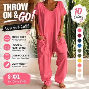 TFNOSIZE Women's 2-Piece Simple Plain Stretch Jumpsuit Set - V-Neck, Short-Sleeve, Loose-Fit, Soft Breathable Fabric, Elastic Ankle, Deep Side Pocket, Elegant Lady's Sleepwear Loungewear, Do Not Bleach, for Home Everyday Wear, Summervibe