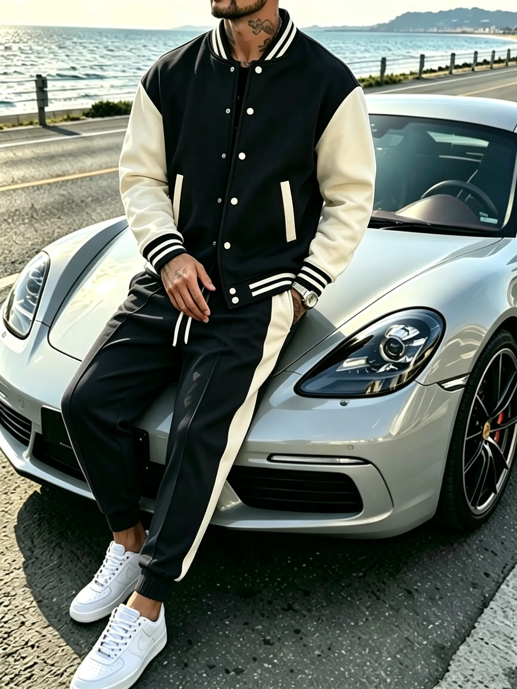 2026 Fall/Winter New Men’s Color-Block Baseball Jacket Sports Set, Versatile Everyday Two-Piece Outfit, Buttoned Jacket & Side-Striped Jogging Pants, Casual Sportswear Set