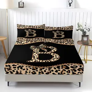 Luxury Leopard B C D F G H K N P Print Bed Print Fitted Sheet Set, Classic Leopard + Letter + Rhinestone Trim, Smooth Anti-Wrinkle, Trendy Bedroom Decor