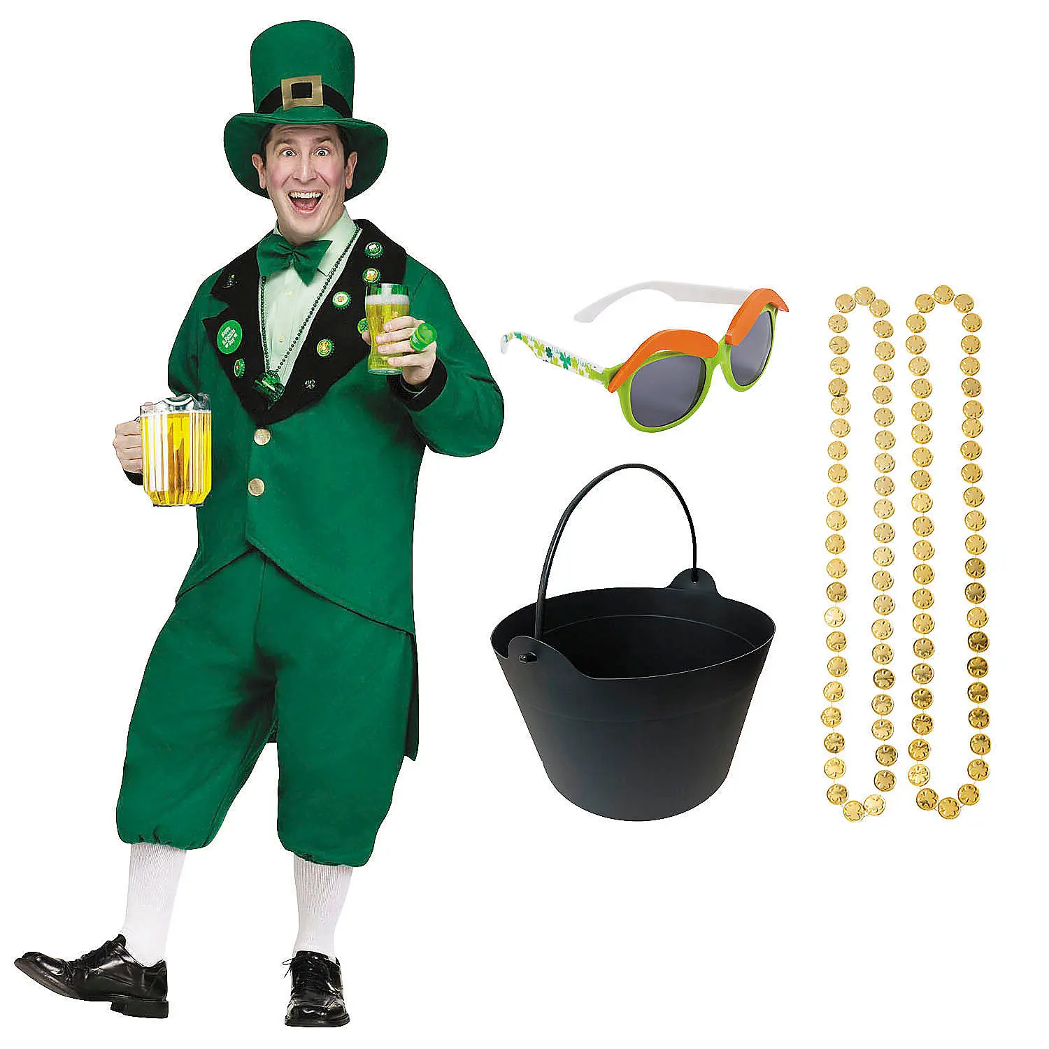Men's Classic Festive St. Patrick’s Day Leprechaun Complete Costume & Accessory Kit - 5-Pc Polyester Menswear, Decorative Sunglasses, Perfect for Pub Crawls, Complete Costume Set, Perfect For St. Patrick’s Day, Decoration, Metallic, Clothes, Costume Ideas