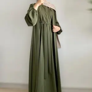 MOA092 Solid Color Elegant Open Abaya with Pockets 3-Piece Set - Long Sleeve Minimalist Fashion for Autumn Formal Events