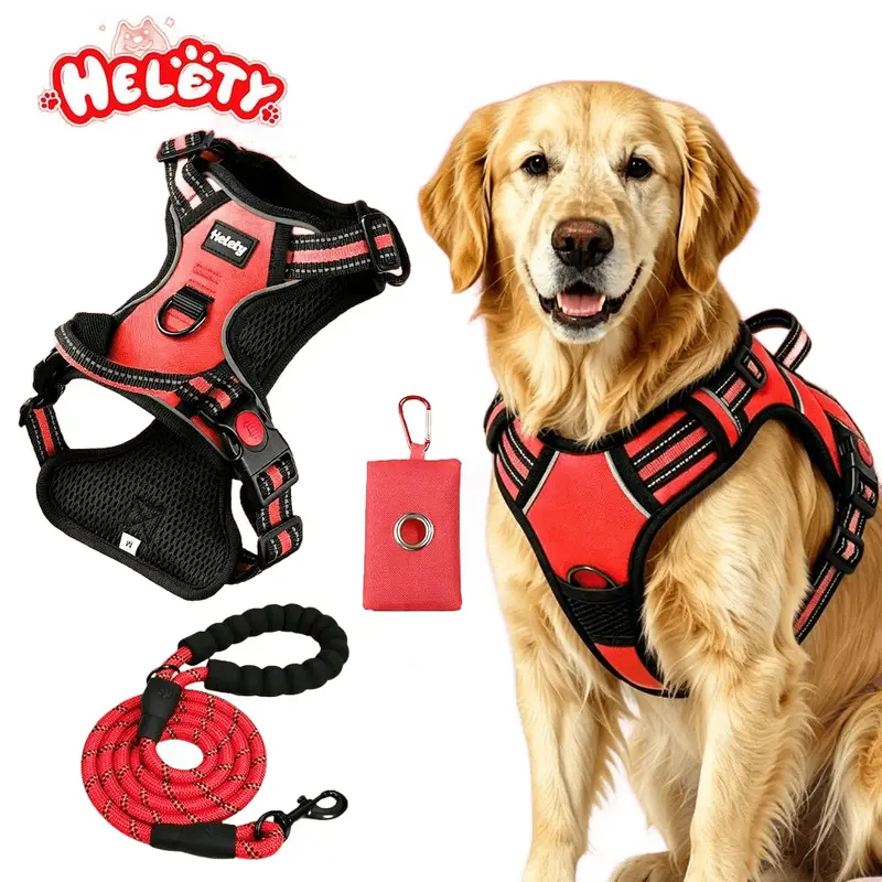 HELETY 3-in-1 No-Pull Dog Vest Harness & Flexi Leash Set, Red Oxford Fabric with Anti-Escape Safety Lock, 3M Reflective Strips, 4-Point Adjustable for Small/Medium/Large Dogs, Poop Bag Holder, Indoor Strap Protection, Night Walk Ready