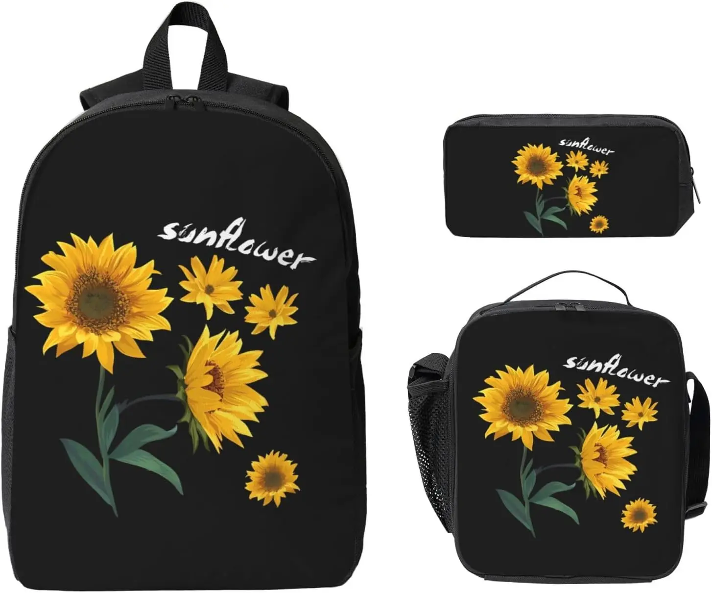 Sunflower On Black Lightweight Ultra 3pcs Primary Backpacks Set Lunch Bags+Pencil Case,Stylish Daypacks Rucksack Gifts, Daily Work Laptop Bookbags