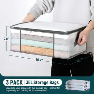 3-Pack Clothes Storage Bags 35L – Foldable Closet Organizer Containers with Handles for Bedding, Blankets, Comforters, Pillows & Clothing Storage