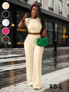 Women's Spring Summer Casual Everyday Breathable Short Sleeve Top + Long Pants Trouser Set, Fitted Plain, Knit Casual Set, 2 Piece Set, All Seasons Wear, Womenswear, Basic, Clothes, Summer Sets