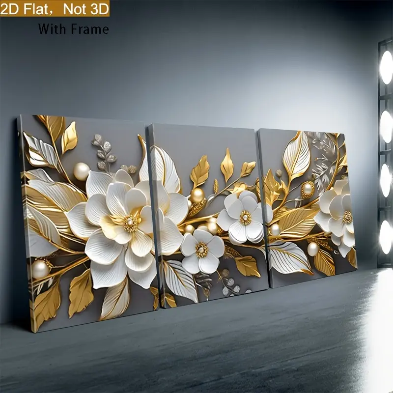 2-Piece Glossy Artistic Floral Paintings Wall Decor Set - Waterproof Wood Frame, Elegant White & Gold Floral Lace, Beaded, Leaf Plant Texture, Home Decor for Living Room, Kitchen, Father's Day, Juneteenth, Military, Carnival, Plaid Posters & Prints, Livin