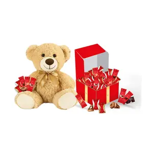 RED Delight Gift Box With 100 Individually Wrapped European Chocolate Bars / Truffles + 14" Plush Teddy Bear