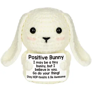 Cute mini motivational crochet bunny for Christmas! Handmade positive decor for women, men, coworkers & loved ones. Ideal as thoughtful birthday gifts, festive stocking stuffers and unique White Elephant ideas to spread joy & encouragement this holiday.
