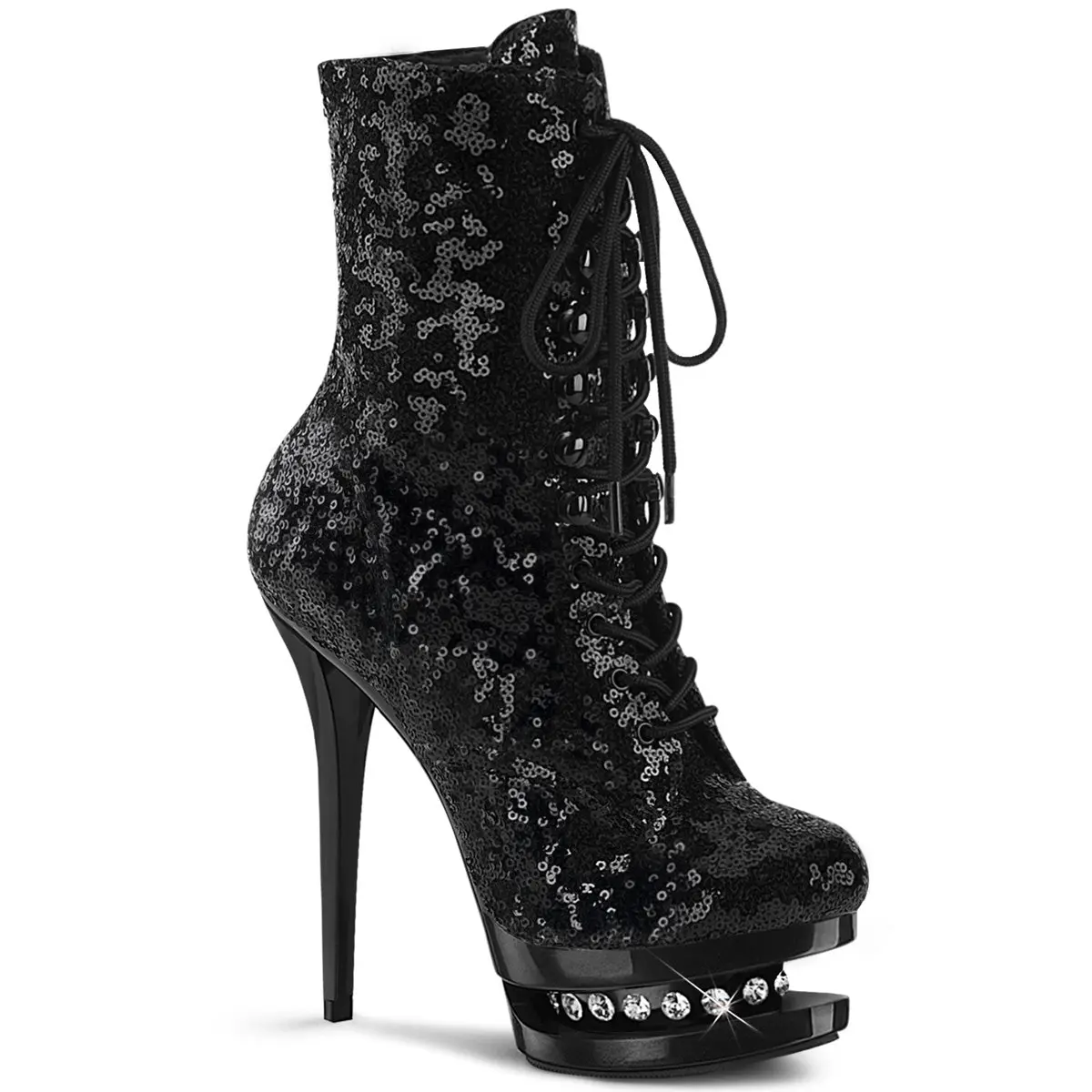 Women's Platform Ankle Boots in Black Sequin with a 6" Stiletto Heel, Rhinestone Accents, Lace-Up Front & Side Zip, Boot, Footwear, Clubbing Heels, Heeled
