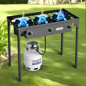 ROVSUN 1/2/3 Burner Propane Gas Stove, 75000BTU/150000BTU/225,000 BTU High Pressure Outdoor Camping Burner with CSA Listed Regulator, Picnic Cooker Perfect for Home Brewing Maple Syrup Patio Turkey Frying Canning