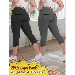 2pcs High Waist Yoga Capri Pants 2pcs Capri Pants Set, 4 Way Stretch Butt Lifting Tummy Control, 4 Button Pockets Workout Running Sports Pants