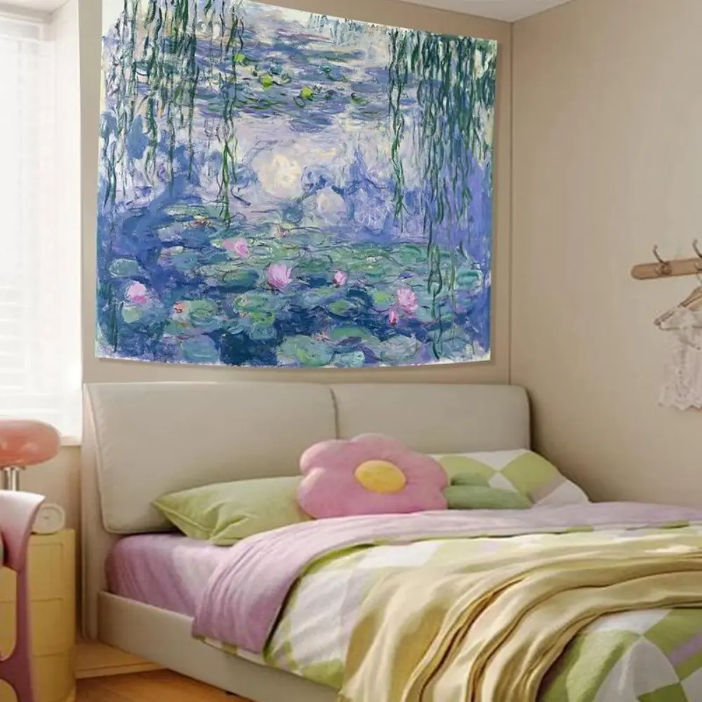 Retro Monet Waterlily Tree Synthetic Wall Tapestry Print - Blue Floral Watercolor Plant Art, Indoor Hanging Decor for Bedroom, Machine Washable Home Decor Gift