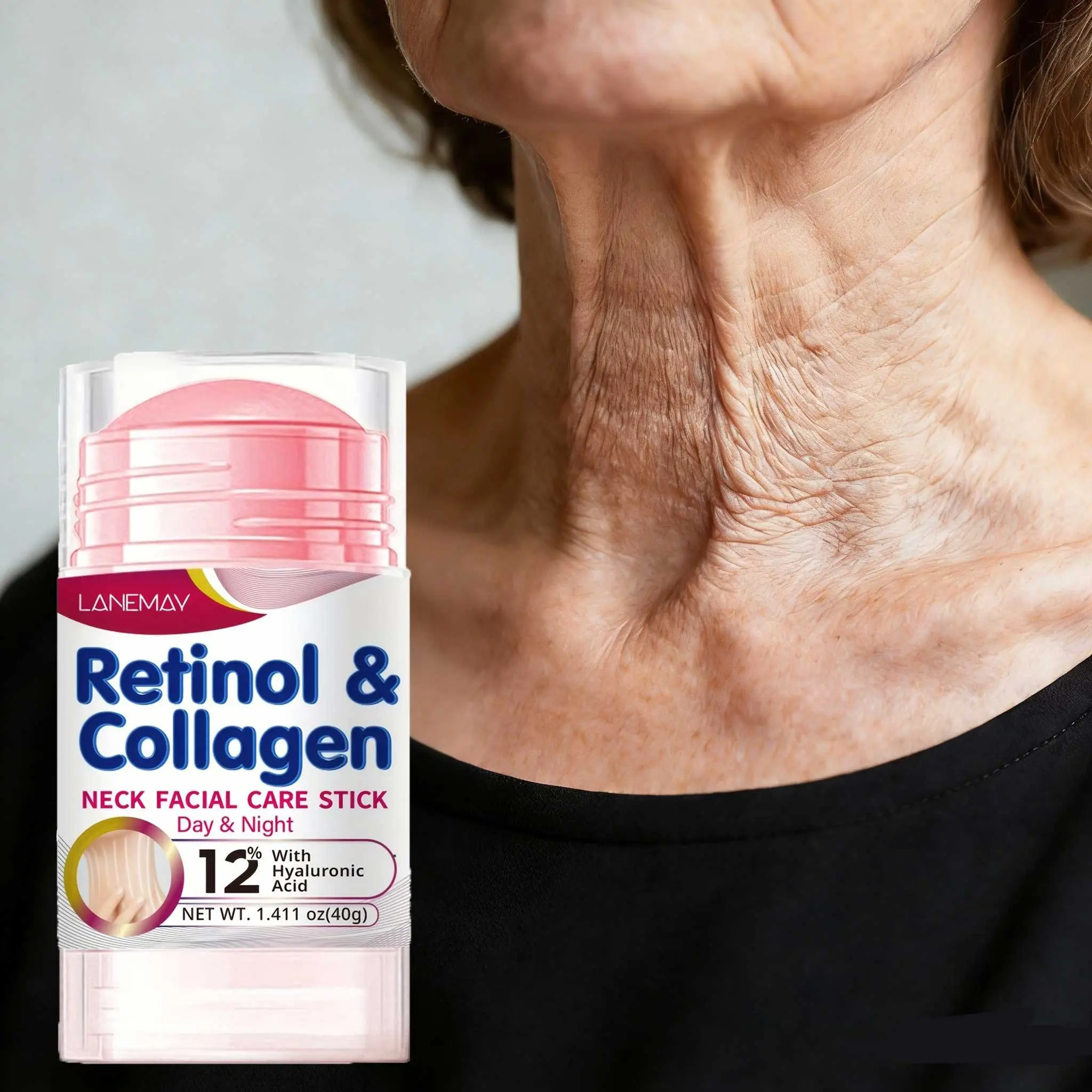 LANEMAY Retinol & Collagen Neck & Face Care Stick (40g), Retinol for Anti-Wrinkle + Collagen for Firming + 12% Hyaluronic Acid for Hydration, Stick Design for Easy Application, Visibly Reduces Neck Lines & Nasolabial Folds, Moisturizer, Cosmetics
