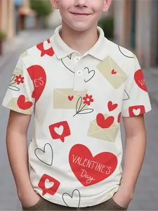Valentine's Day Kids Polo Shirt, Boys Girls Fashion Short Sleeve Collared T-Shirt, Heart Pattern Design, Casual Streetwear